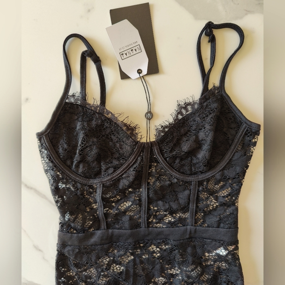 Black Lace Bustier Body Suit - Naanaa - Size 2